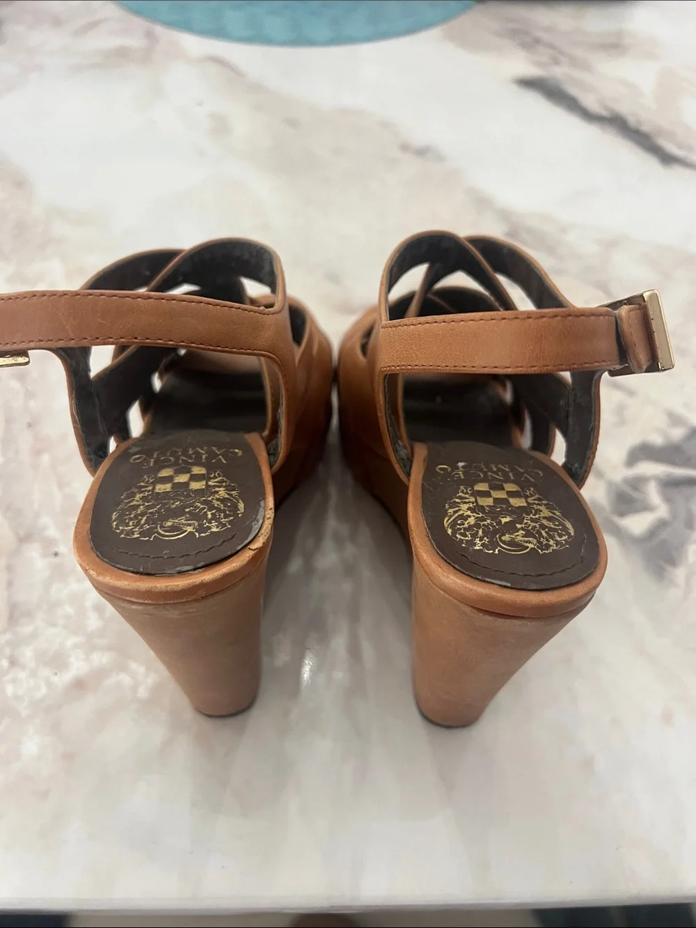 Vince Camuto Tan Leather Crisscross Platform Sandals
